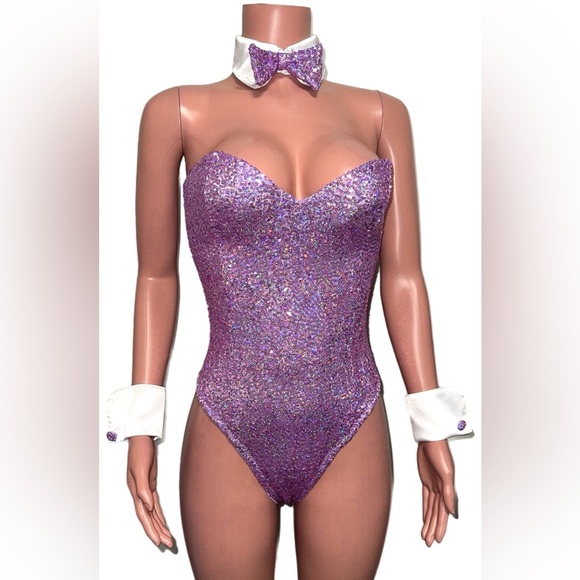 Trashy lingerie purple sequin playboy bunny costume teddy bodysuits set S new - Picture 8 of 8